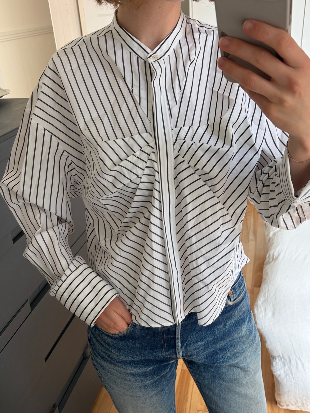 MSGM White and Black Striped Cotton Button-Up Blouse
